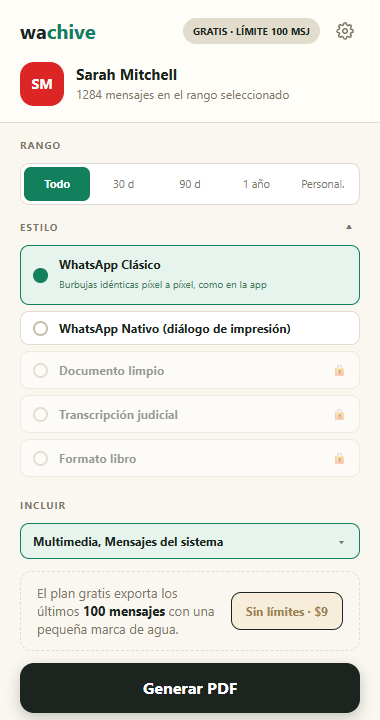 El selector de estilos desplegado, mostrando WhatsApp Classic, Nativo, Documento limpio, Transcripción judicial y Libro