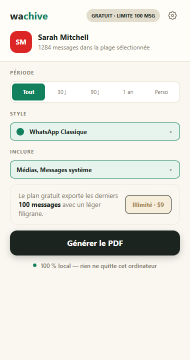 Le popup wachive au-dessus de WhatsApp Web : choisissez une période, un style de PDF et cliquez sur Générer le PDF