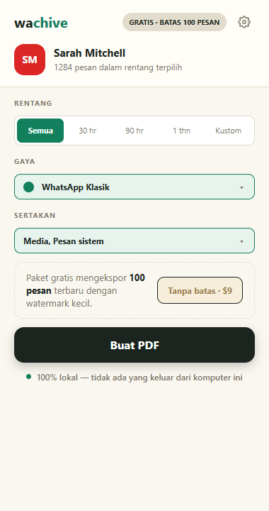 Popup wachive di atas WhatsApp Web: pilih rentang tanggal, gaya PDF, lalu klik Buat PDF